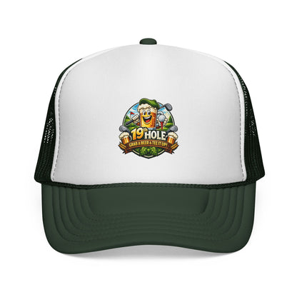 19 Hole Golf Trucker Cap — Funny Golfer Hat with Cartoon Mascot