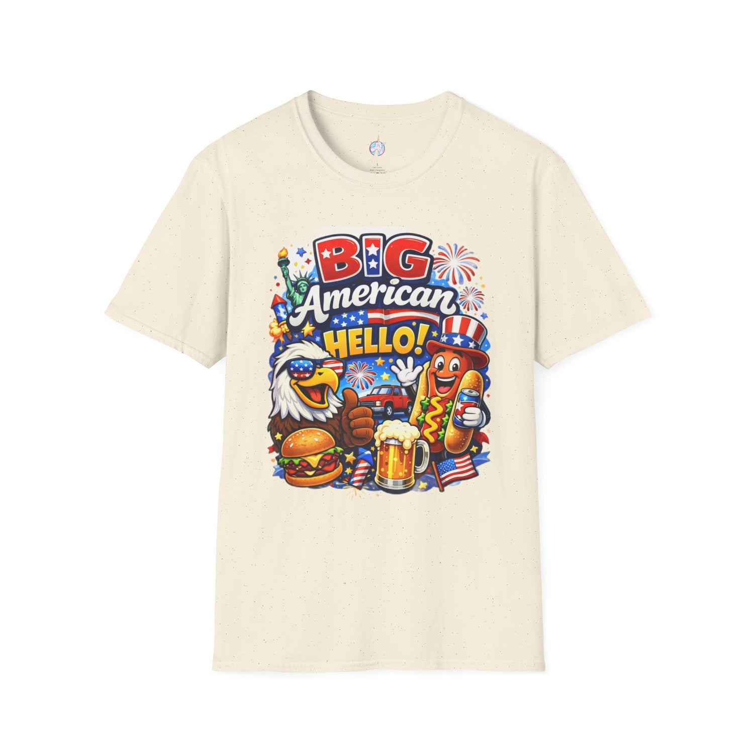 Fourth of July T-Shirt - "Big American Hello" Patriotic BBQ Eagle, Hot Dog &amp; Beer Tee