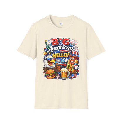 Fourth of July T-Shirt - "Big American Hello" Patriotic BBQ Eagle, Hot Dog &amp; Beer Tee