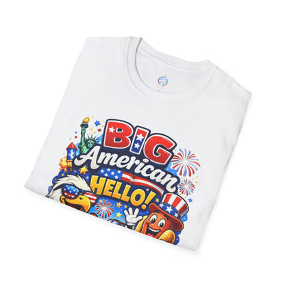 Fourth of July T-Shirt - "Big American Hello" Patriotic BBQ Eagle, Hot Dog &amp; Beer Tee