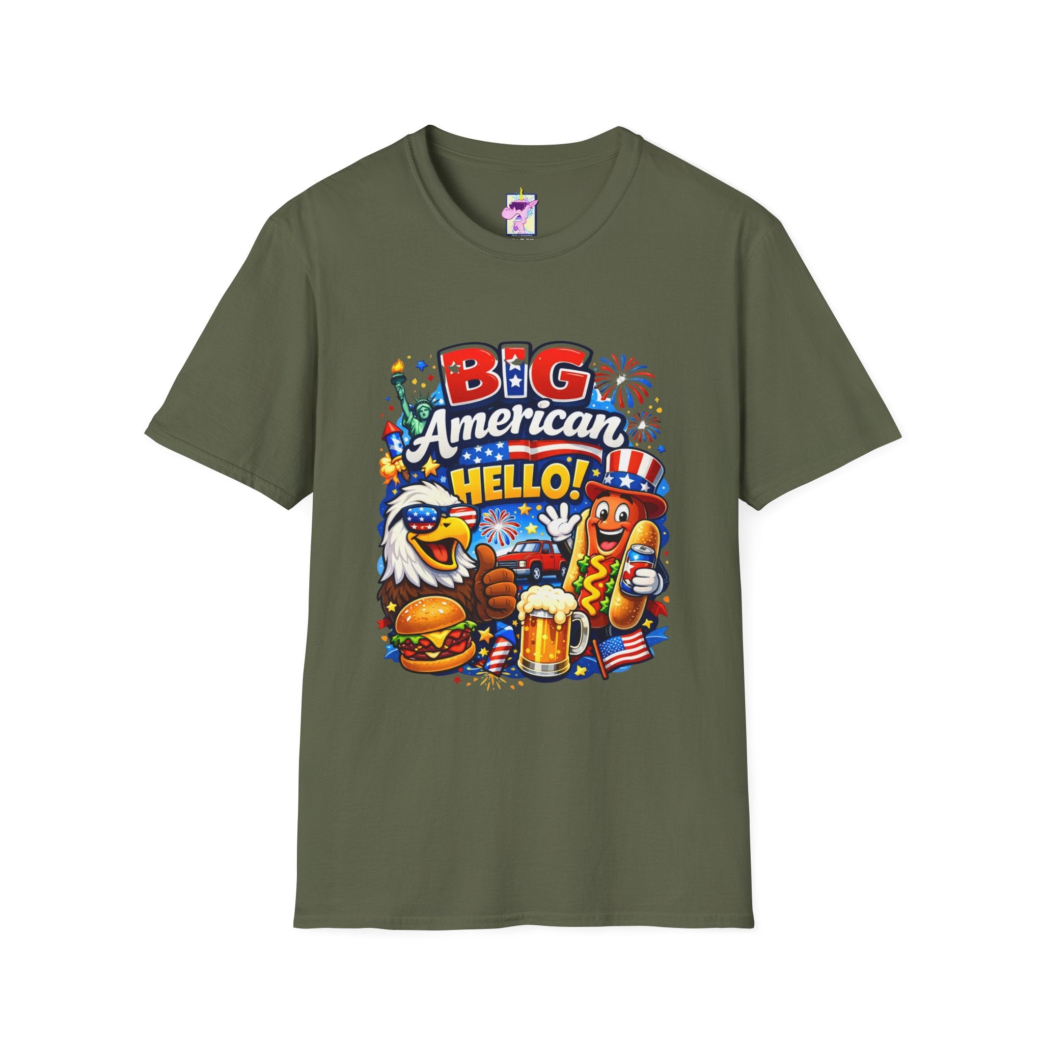 Big American Hello Funny T-Shirt Sarcastic Patriotic Graphic Tee Funny USA Gift 4th of July Novelty American Slogan Tee