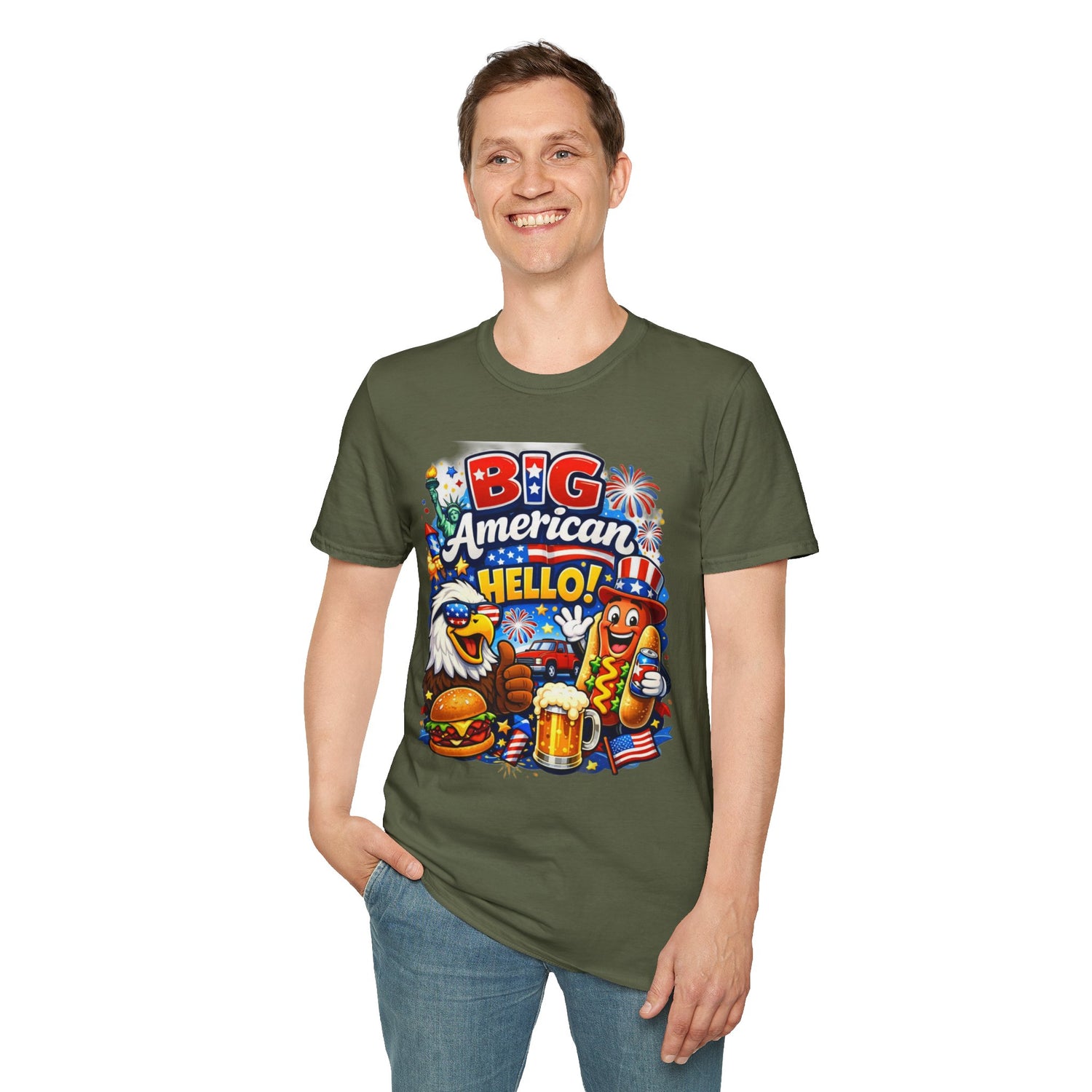 Fourth of July T-Shirt - "Big American Hello" Patriotic BBQ Eagle, Hot Dog &amp; Beer Tee