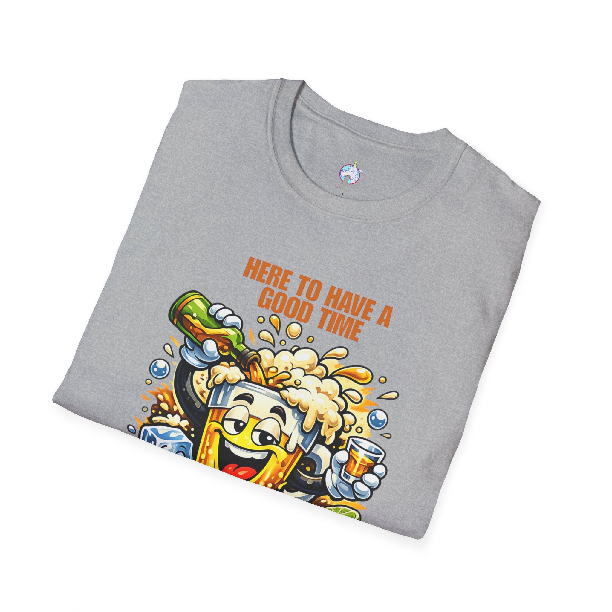 Beer Party T-Shirt — "Here to Have a Good Time" Cartoon Mug Graphic