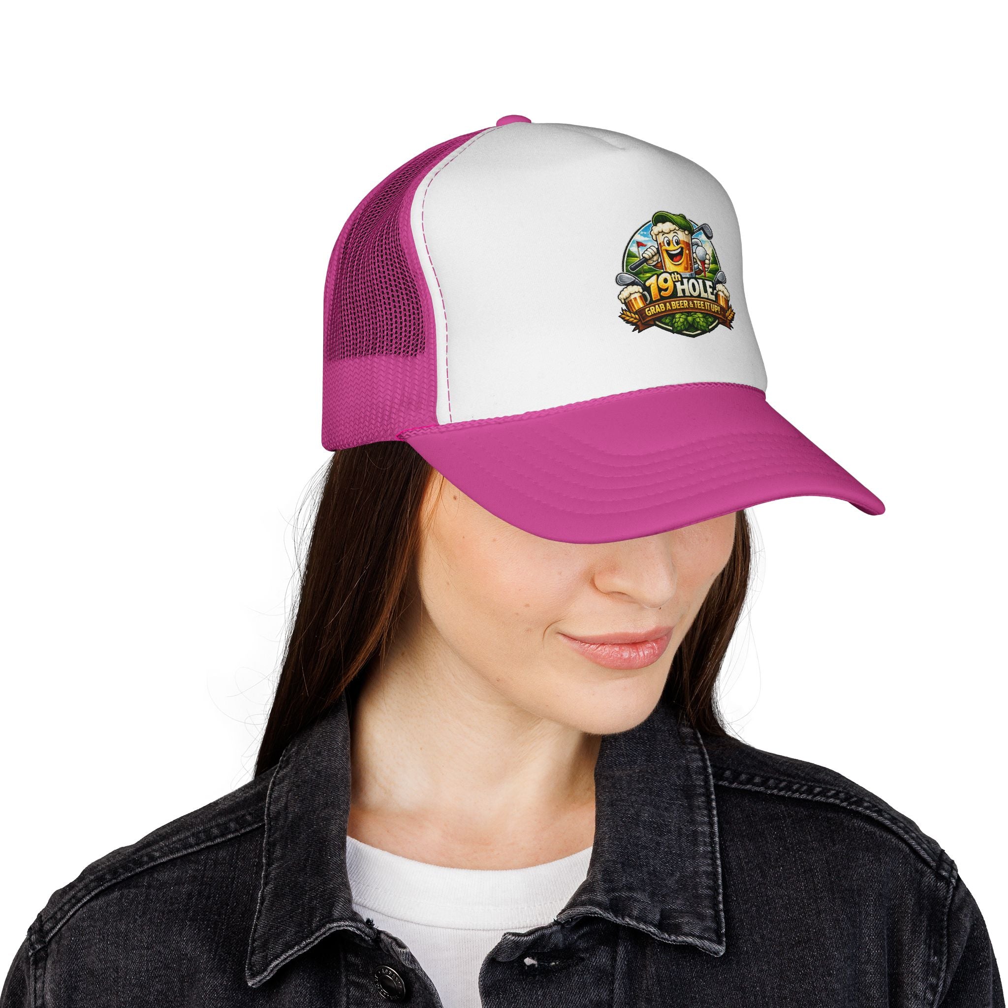 19 Hole Golf Trucker Cap — Funny Golfer Hat with Cartoon Mascot