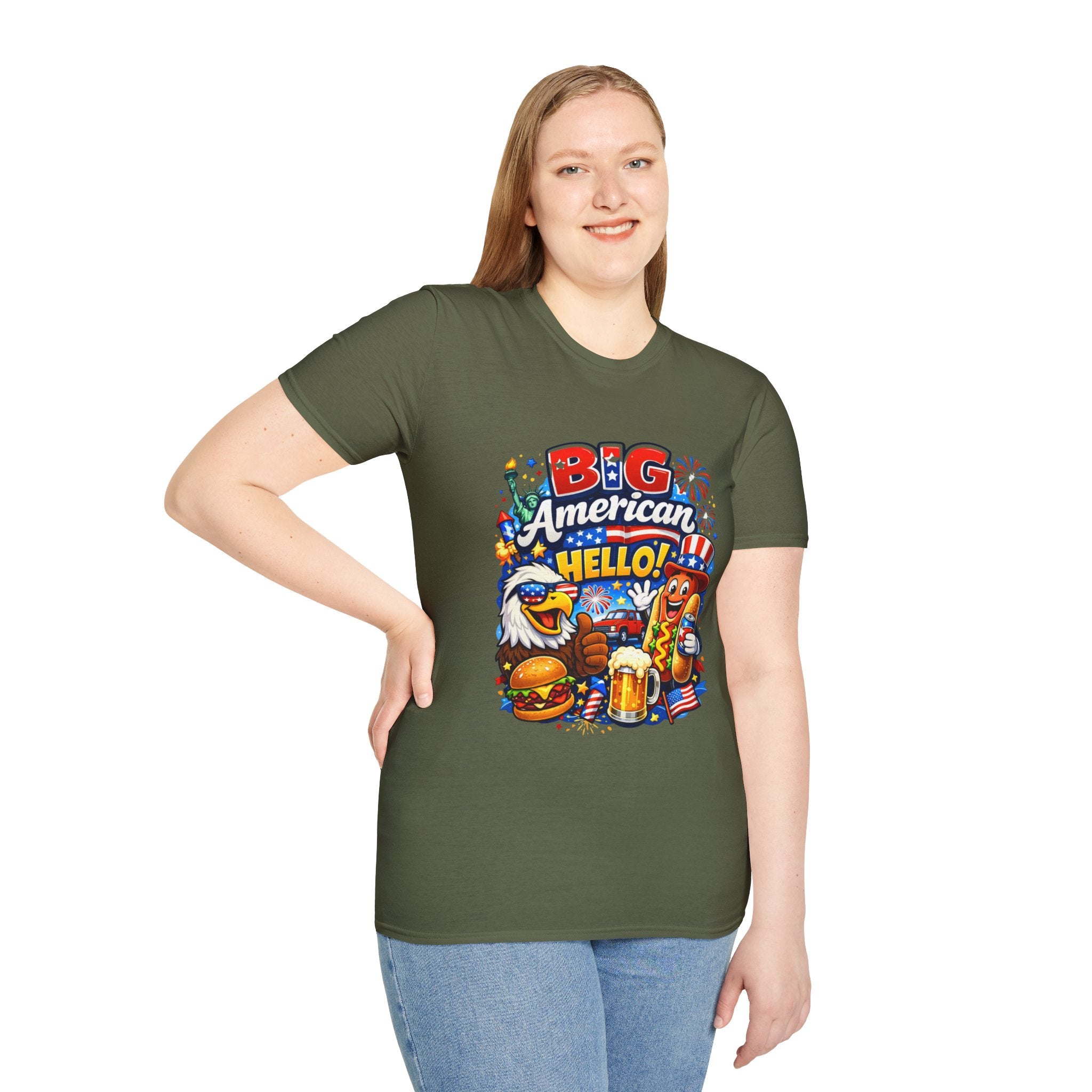 Big American Hello Funny T-Shirt Sarcastic Patriotic Graphic Tee Funny USA Gift 4th of July Novelty American Slogan Tee
