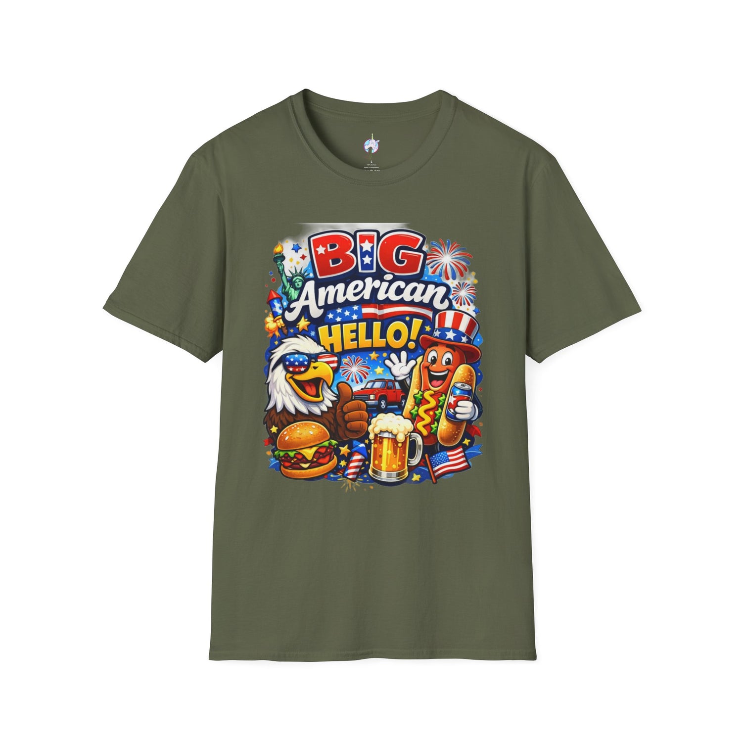 Fourth of July T-Shirt - "Big American Hello" Patriotic BBQ Eagle, Hot Dog &amp; Beer Tee