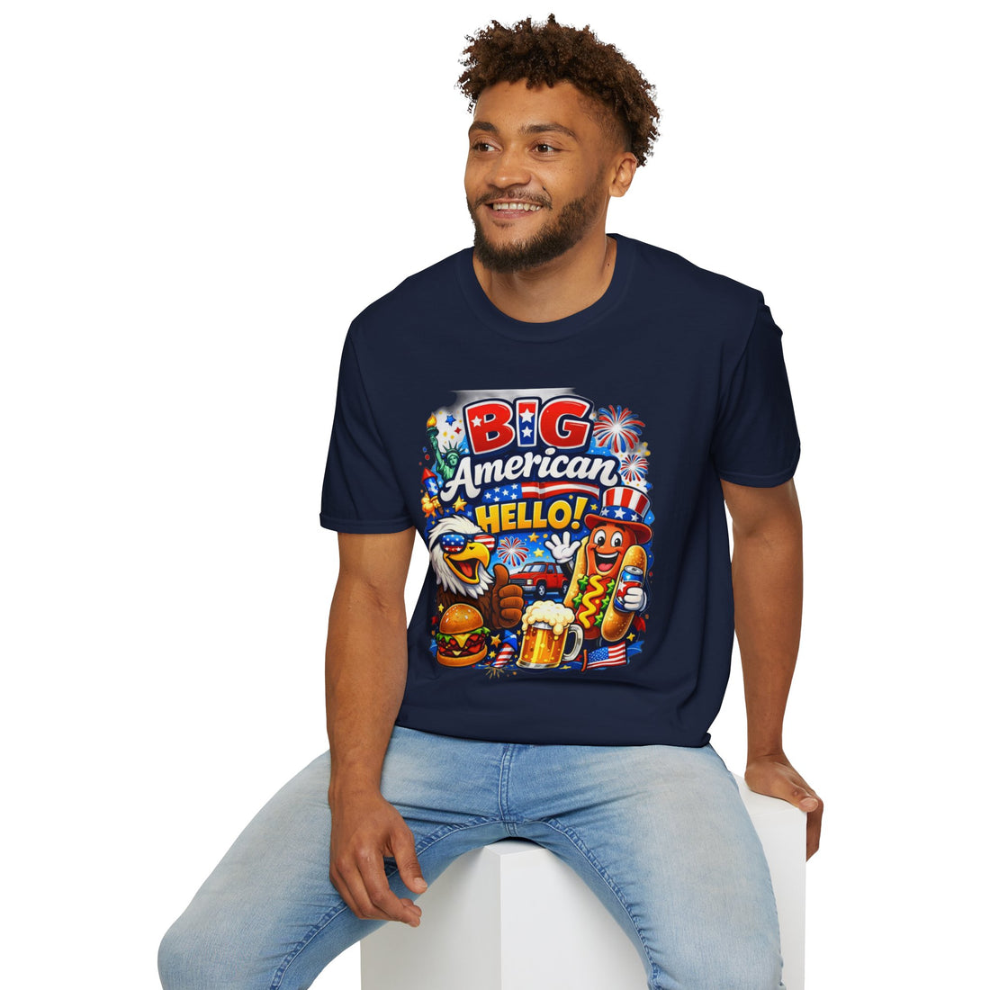 Fourth of July T-Shirt - "Big American Hello" Patriotic BBQ Eagle, Hot Dog &amp; Beer Tee