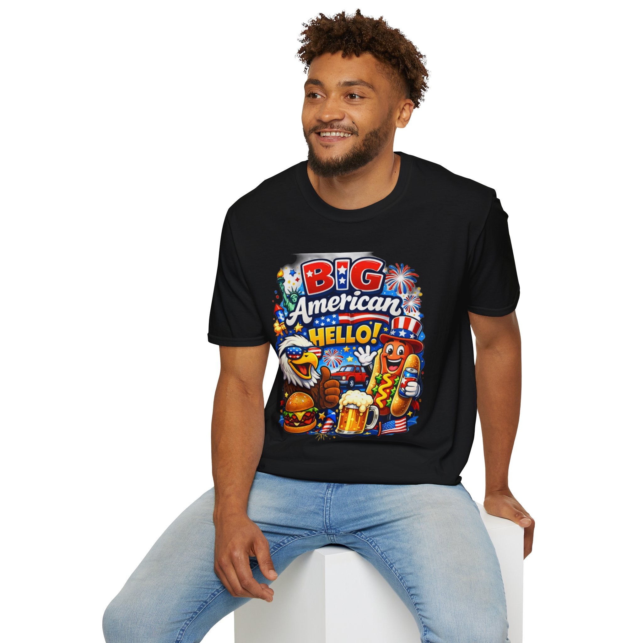 Fourth of July T-Shirt - "Big American Hello" Patriotic BBQ Eagle, Hot Dog &amp; Beer Tee