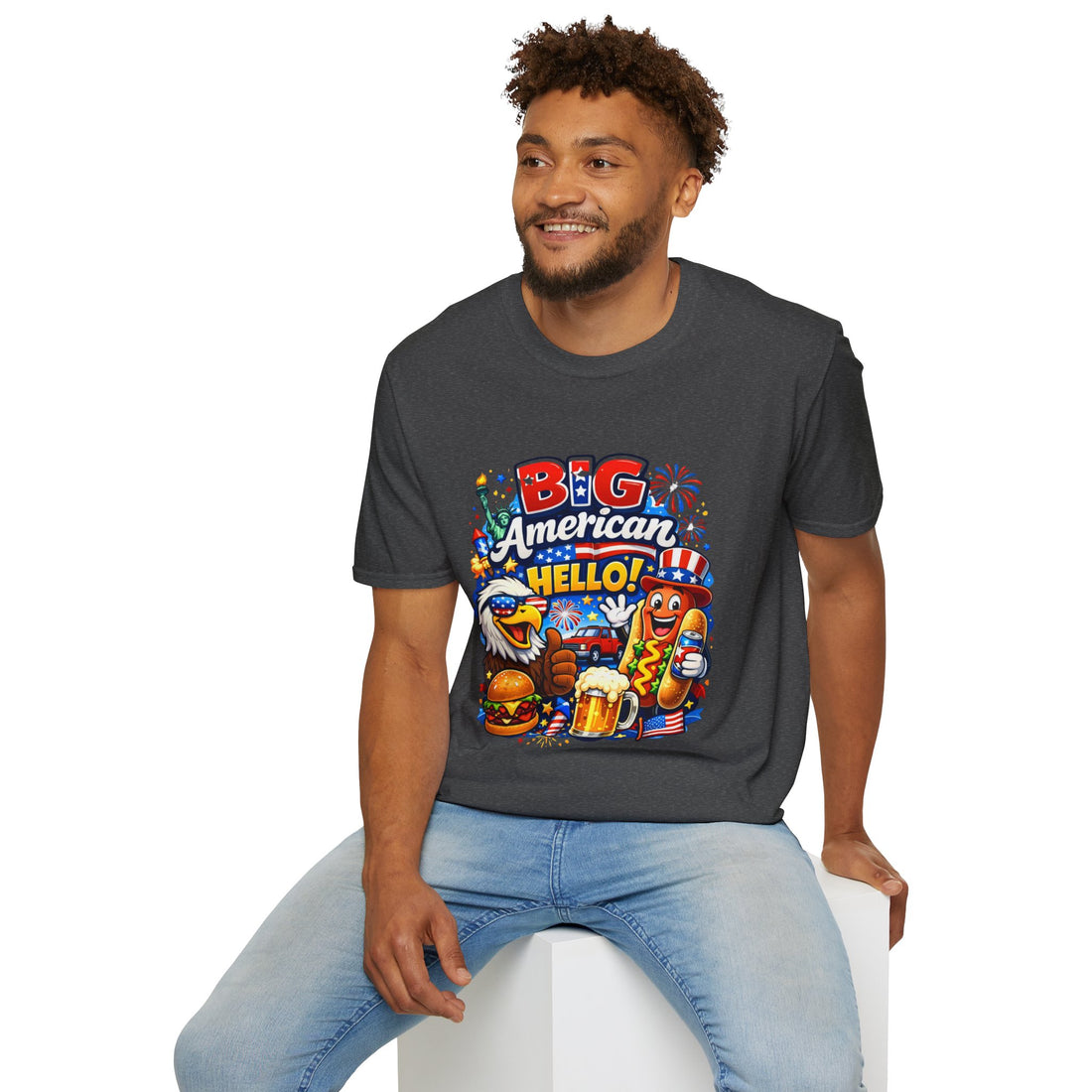 Big American Hello Funny T-Shirt Sarcastic Patriotic Graphic Tee Funny USA Gift 4th of July Novelty American Slogan Tee