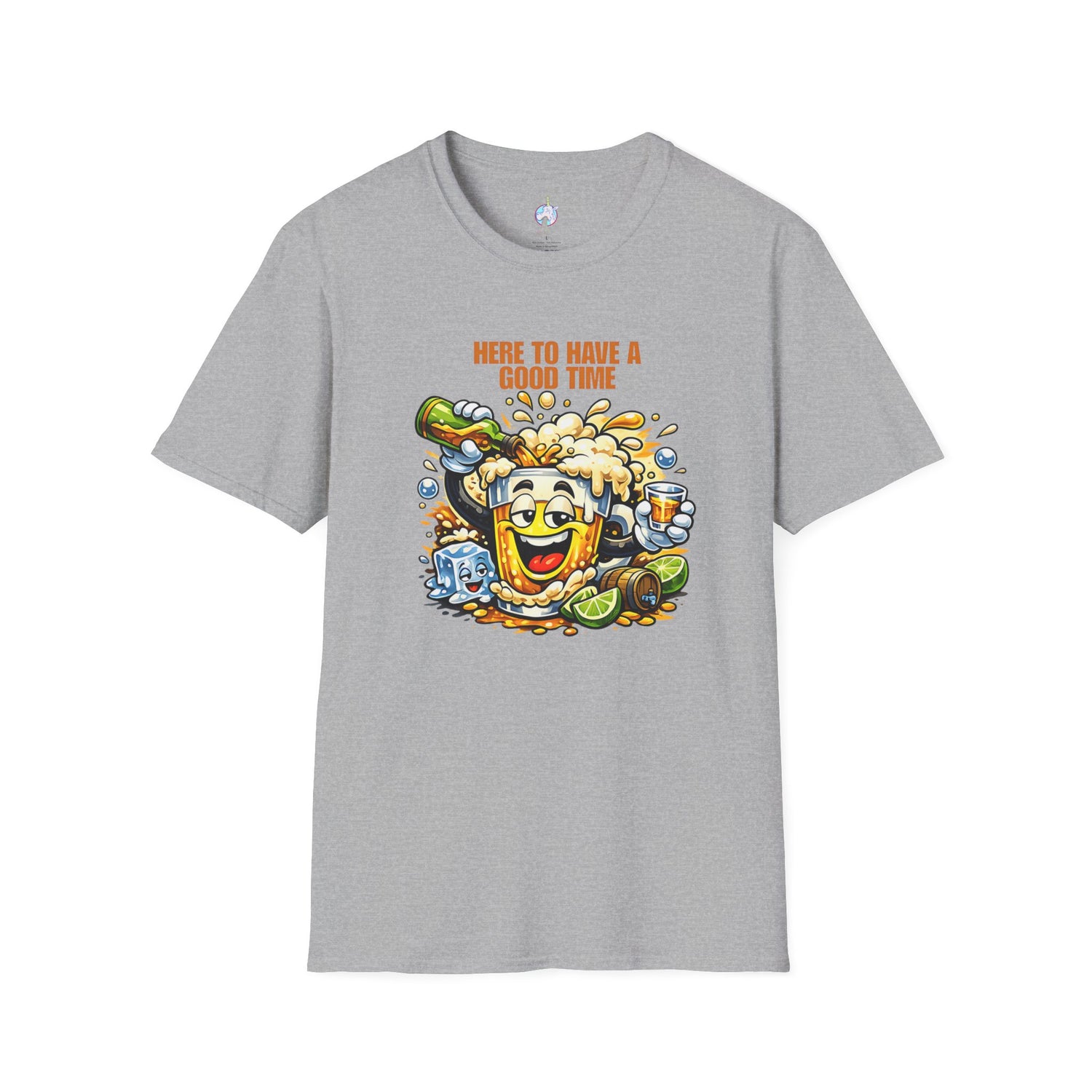 Beer Party T-Shirt — "Here to Have a Good Time" Cartoon Mug Graphic