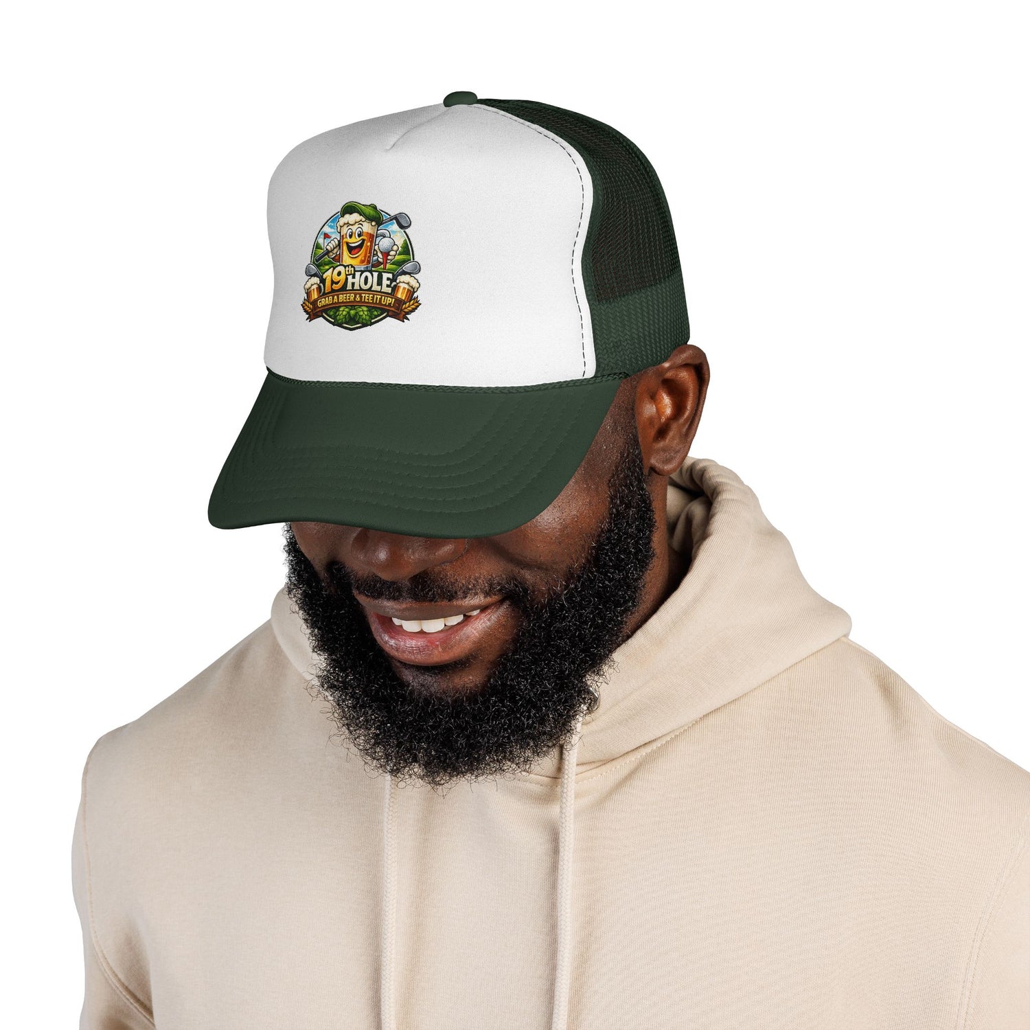 19 Hole Golf Trucker Cap — Funny Golfer Hat with Cartoon Mascot