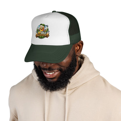 19 Hole Golf Trucker Cap — Funny Golfer Hat with Cartoon Mascot