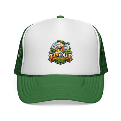 19 Hole Golf Trucker Cap — Funny Golfer Hat with Cartoon Mascot