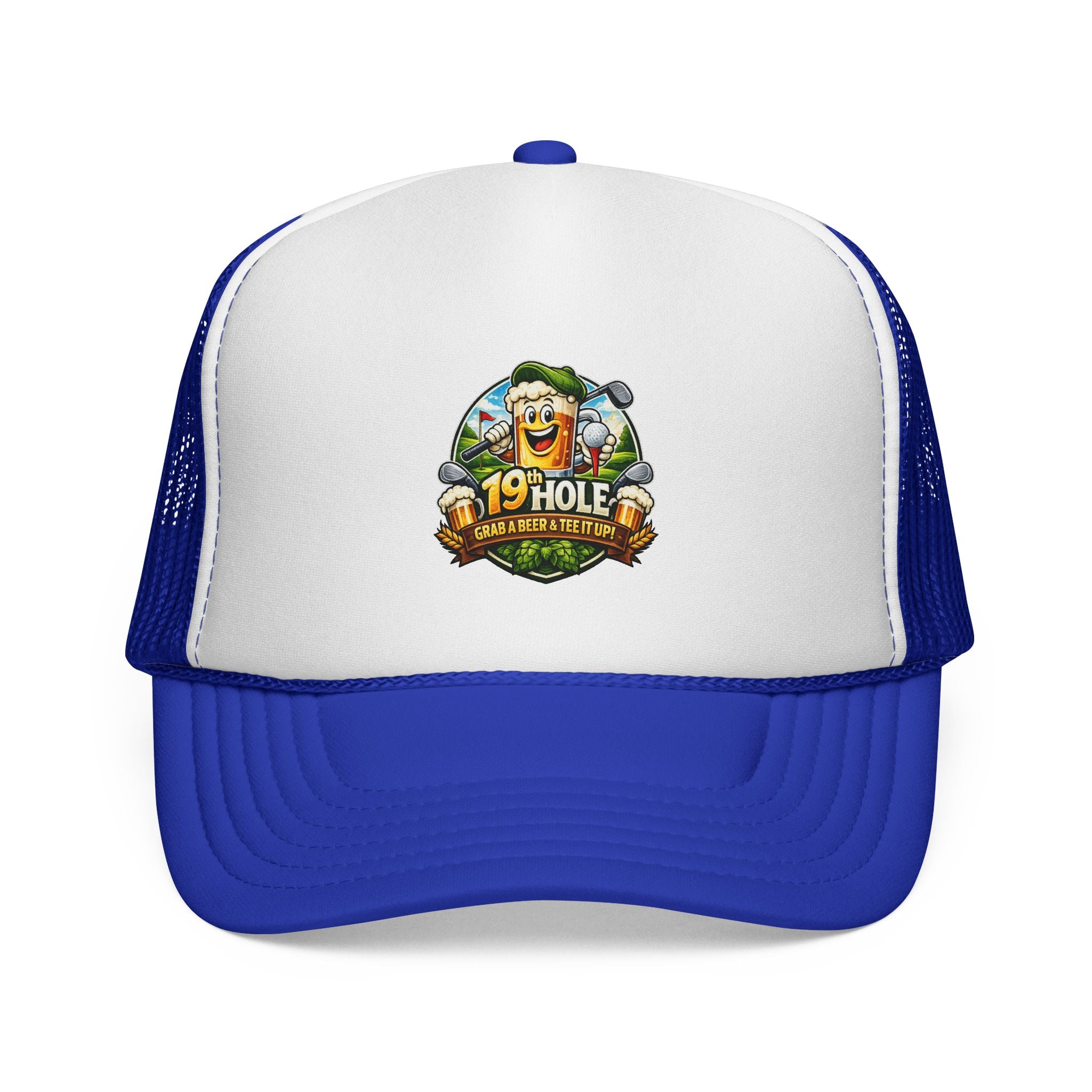 19 Hole Golf Trucker Cap — Funny Golfer Hat with Cartoon Mascot