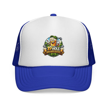 19 Hole Golf Trucker Cap — Funny Golfer Hat with Cartoon Mascot