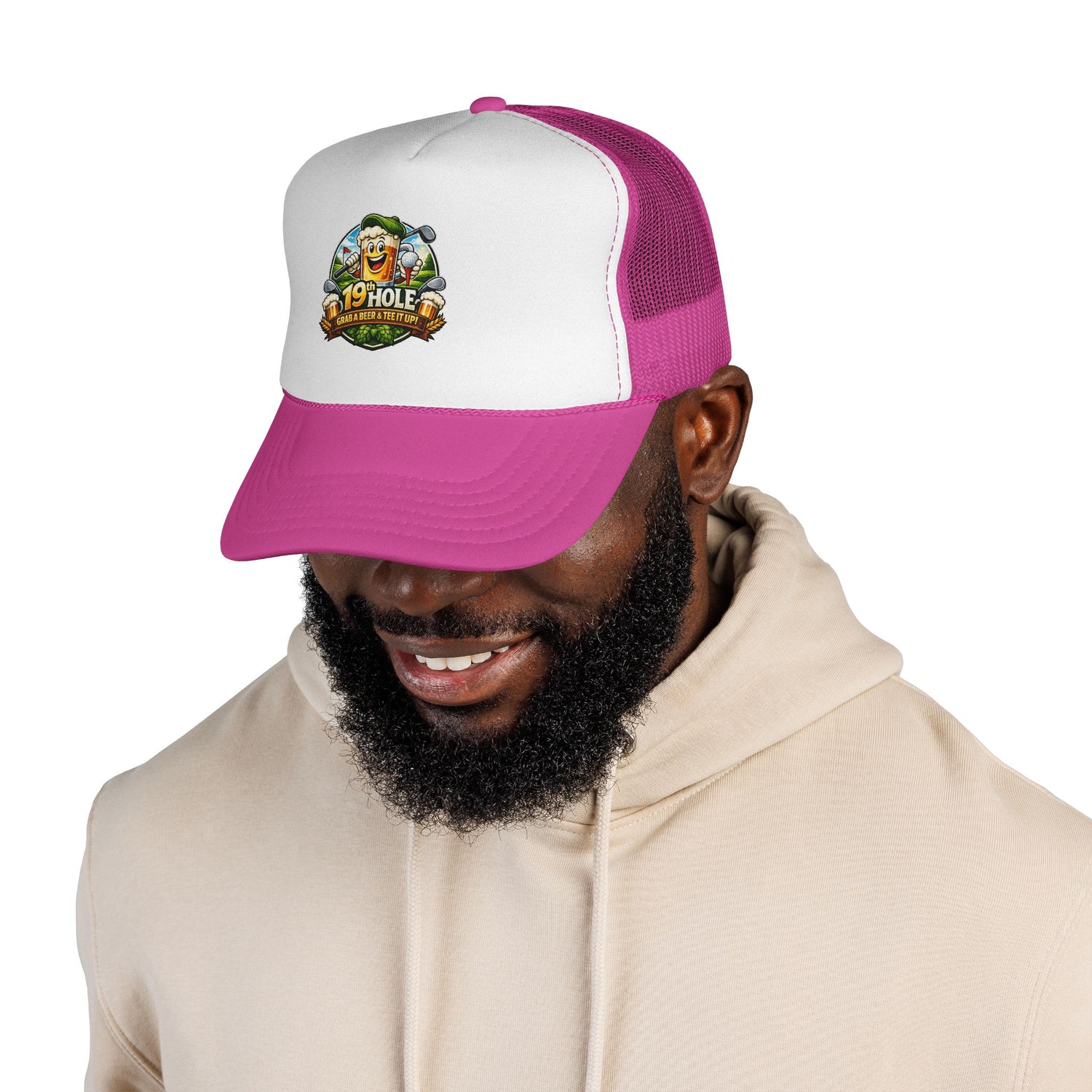 19 Hole Golf Trucker Cap — Funny Golfer Hat with Cartoon Mascot