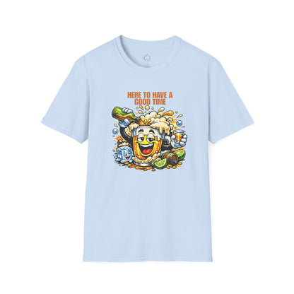 Beer Party T-Shirt — "Here to Have a Good Time" Cartoon Mug Graphic