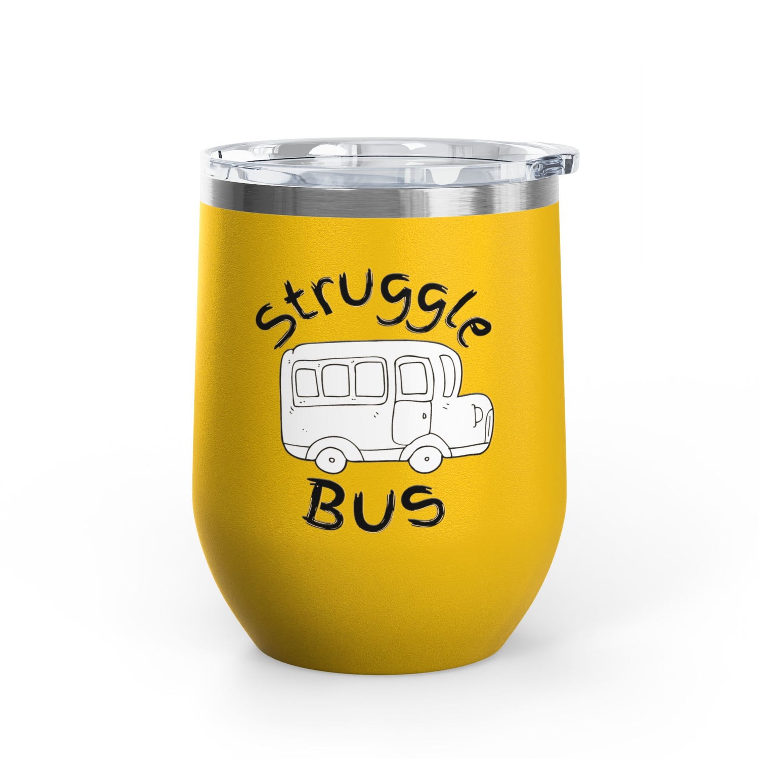 Struggle Bus 12oz Wine Tumbler — Funny Travel Bus Design, Gift for Frazzled Friends