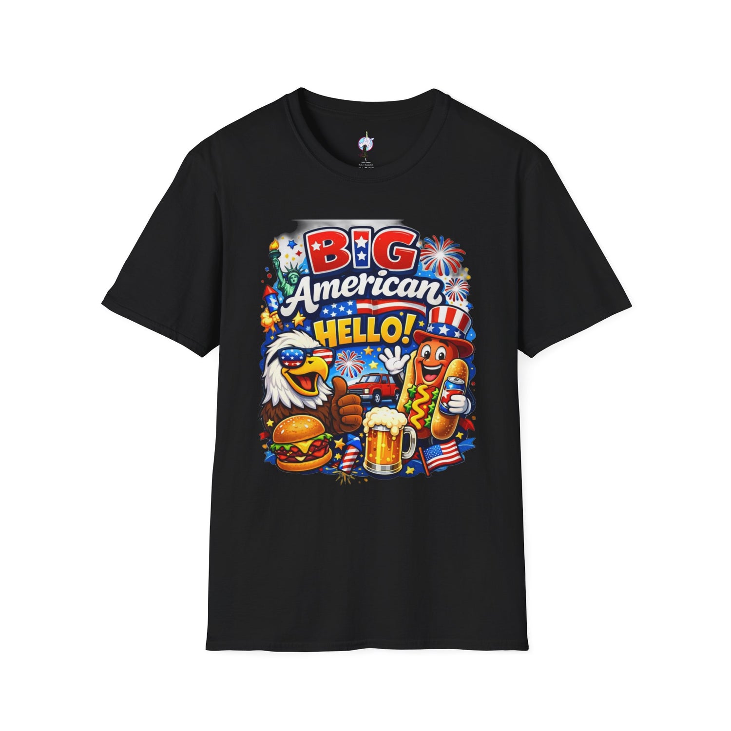 Fourth of July T-Shirt - "Big American Hello" Patriotic BBQ Eagle, Hot Dog &amp; Beer Tee