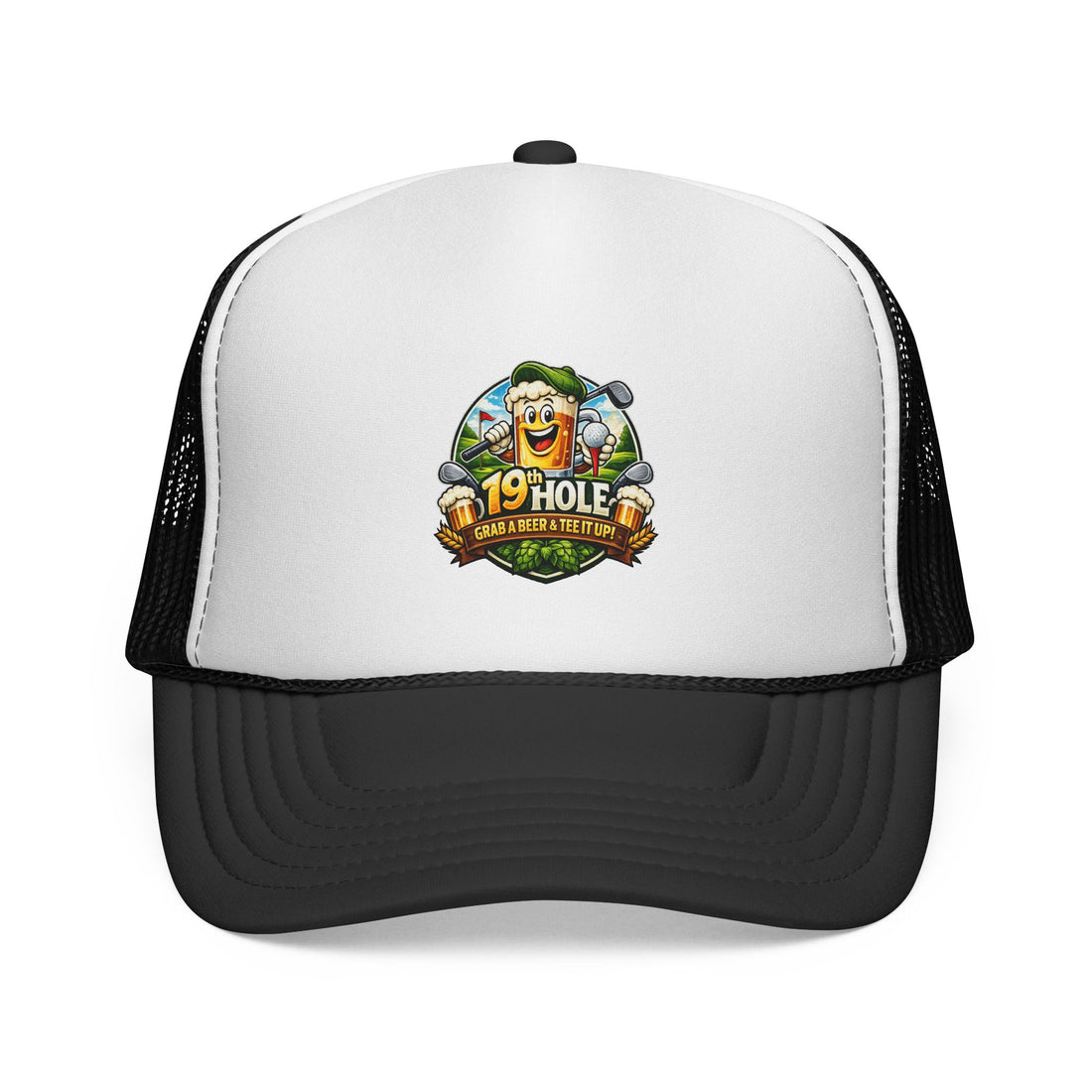 19 Hole Golf Trucker Cap — Funny Golfer Hat with Cartoon Mascot