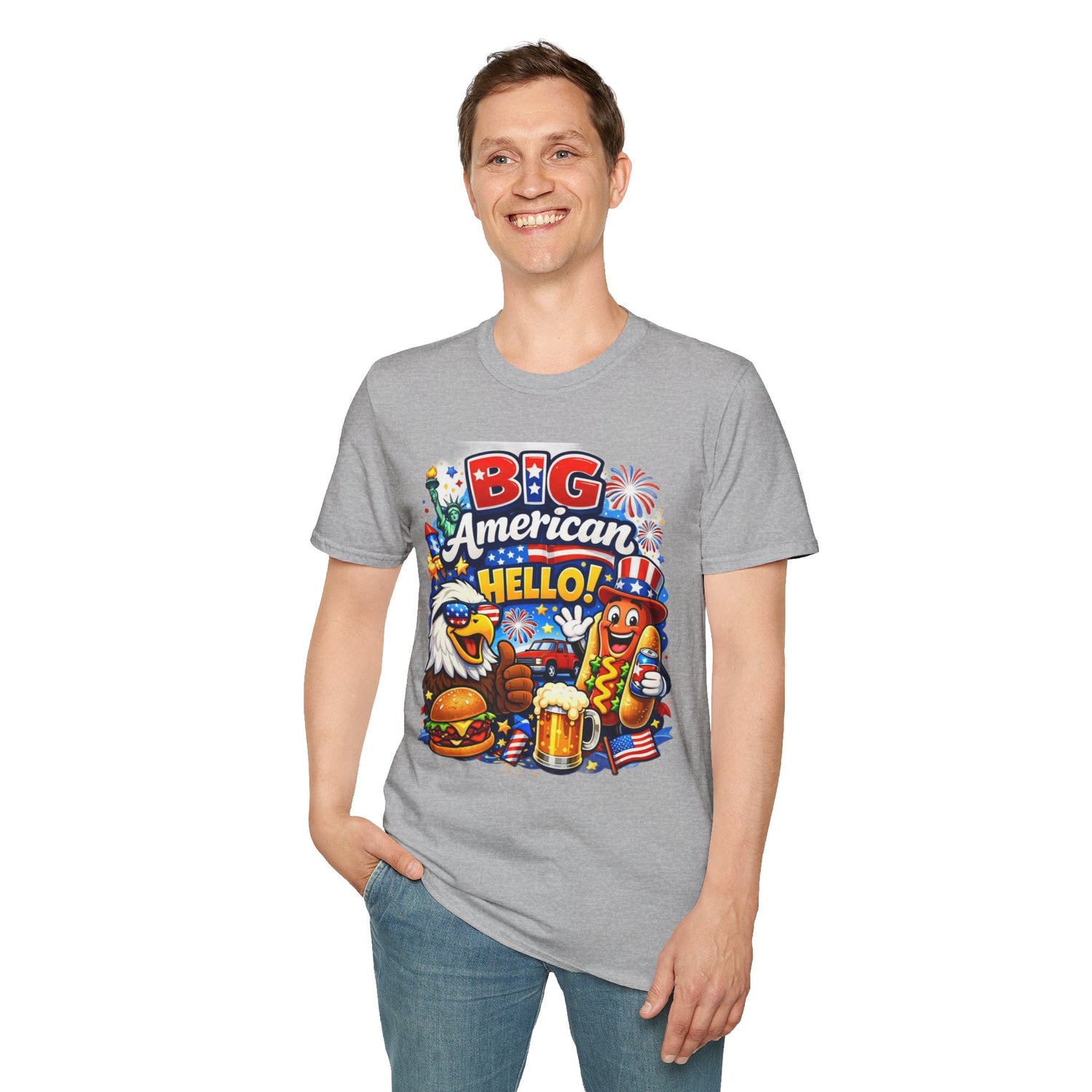 Fourth of July T-Shirt - "Big American Hello" Patriotic BBQ Eagle, Hot Dog &amp; Beer Tee