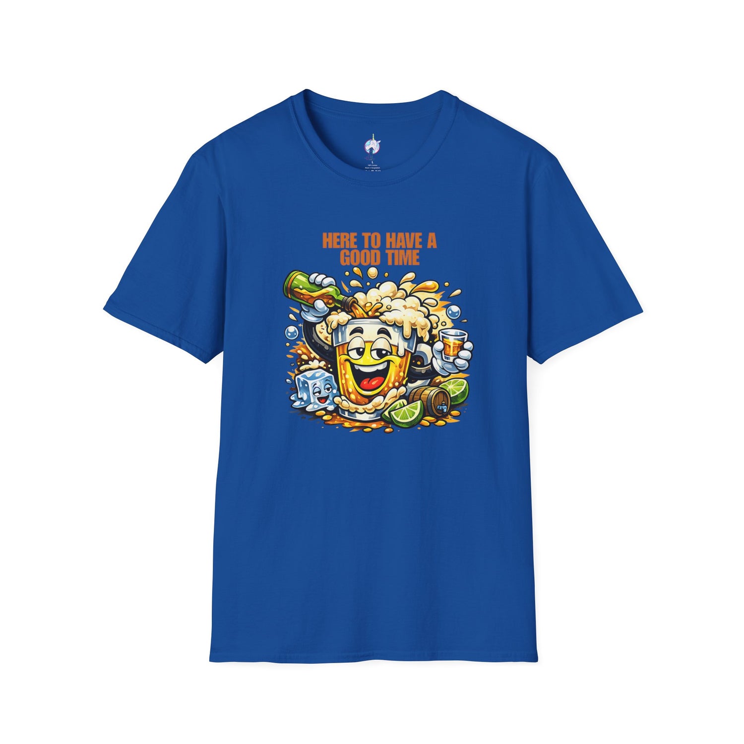 Beer Party T-Shirt — "Here to Have a Good Time" Cartoon Mug Graphic