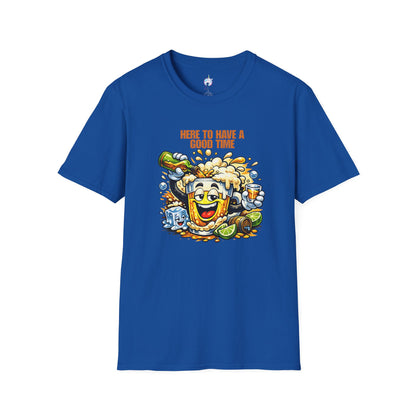 Beer Party T-Shirt — "Here to Have a Good Time" Cartoon Mug Graphic