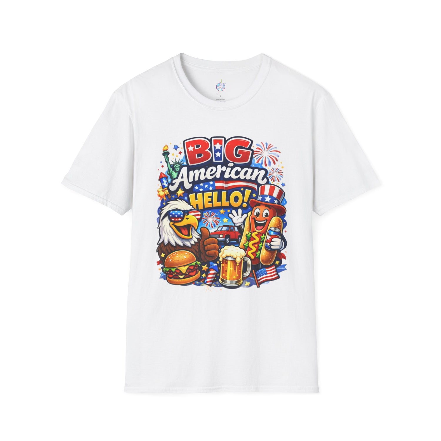 Fourth of July T-Shirt - "Big American Hello" Patriotic BBQ Eagle, Hot Dog &amp; Beer Tee