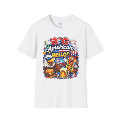Fourth of July T-Shirt - "Big American Hello" Patriotic BBQ Eagle, Hot Dog &amp; Beer Tee
