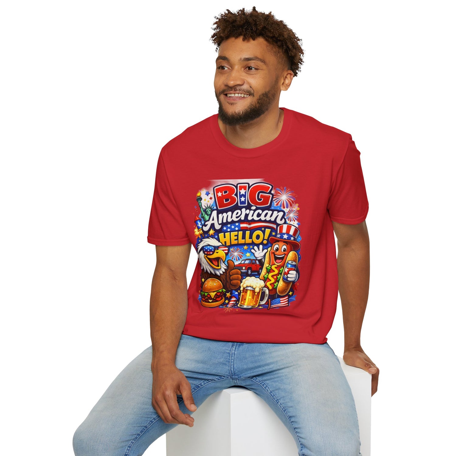 Fourth of July T-Shirt - "Big American Hello" Patriotic BBQ Eagle, Hot Dog &amp; Beer Tee