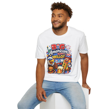 Fourth of July T-Shirt - "Big American Hello" Patriotic BBQ Eagle, Hot Dog &amp; Beer Tee