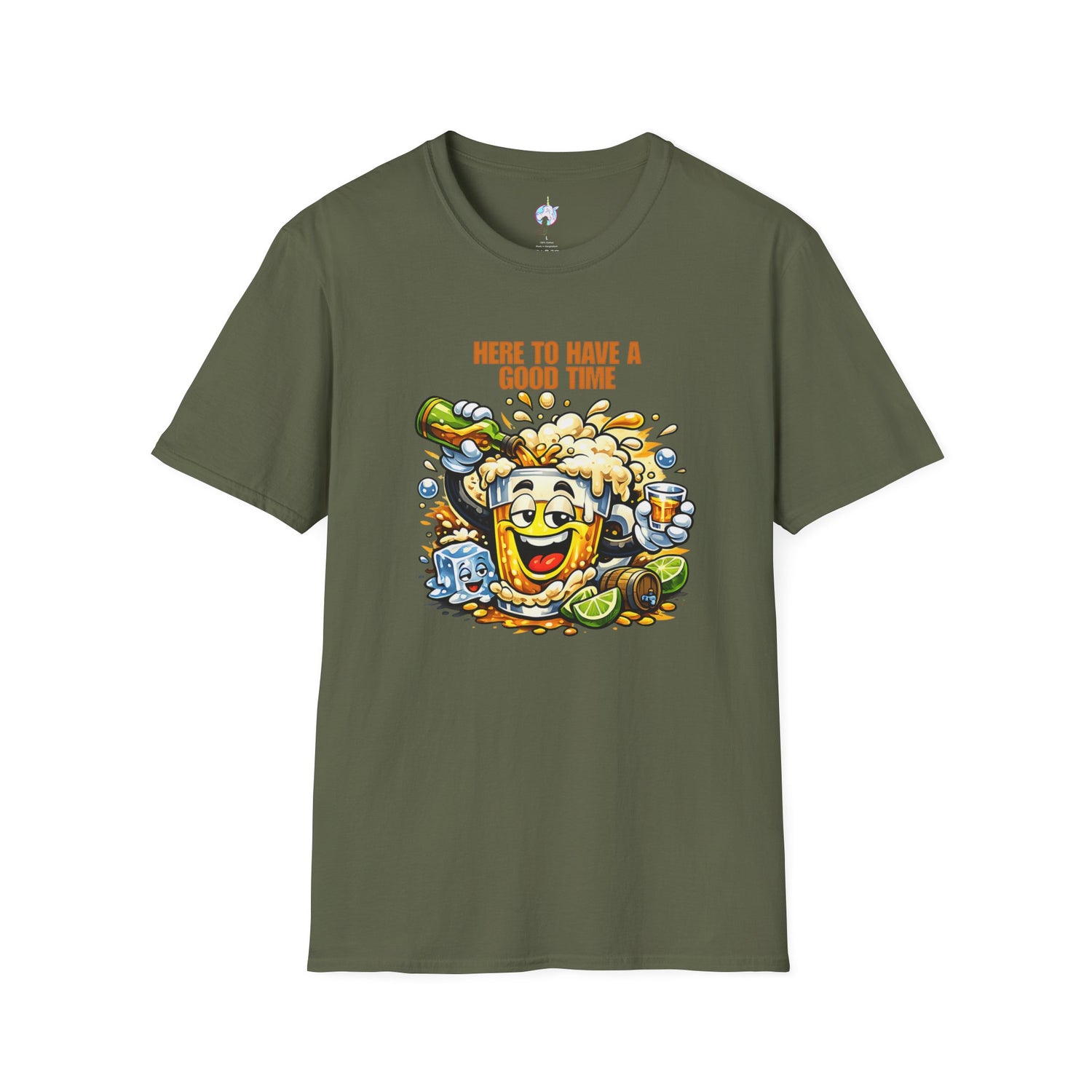 Beer Party T-Shirt — "Here to Have a Good Time" Cartoon Mug Graphic