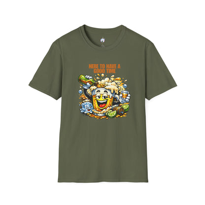Beer Party T-Shirt — "Here to Have a Good Time" Cartoon Mug Graphic