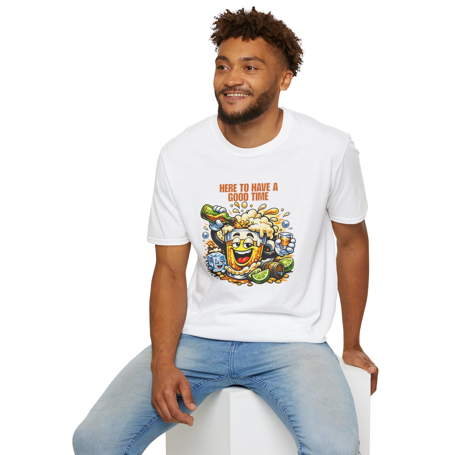 Beer Party T-Shirt — "Here to Have a Good Time" Cartoon Mug Graphic
