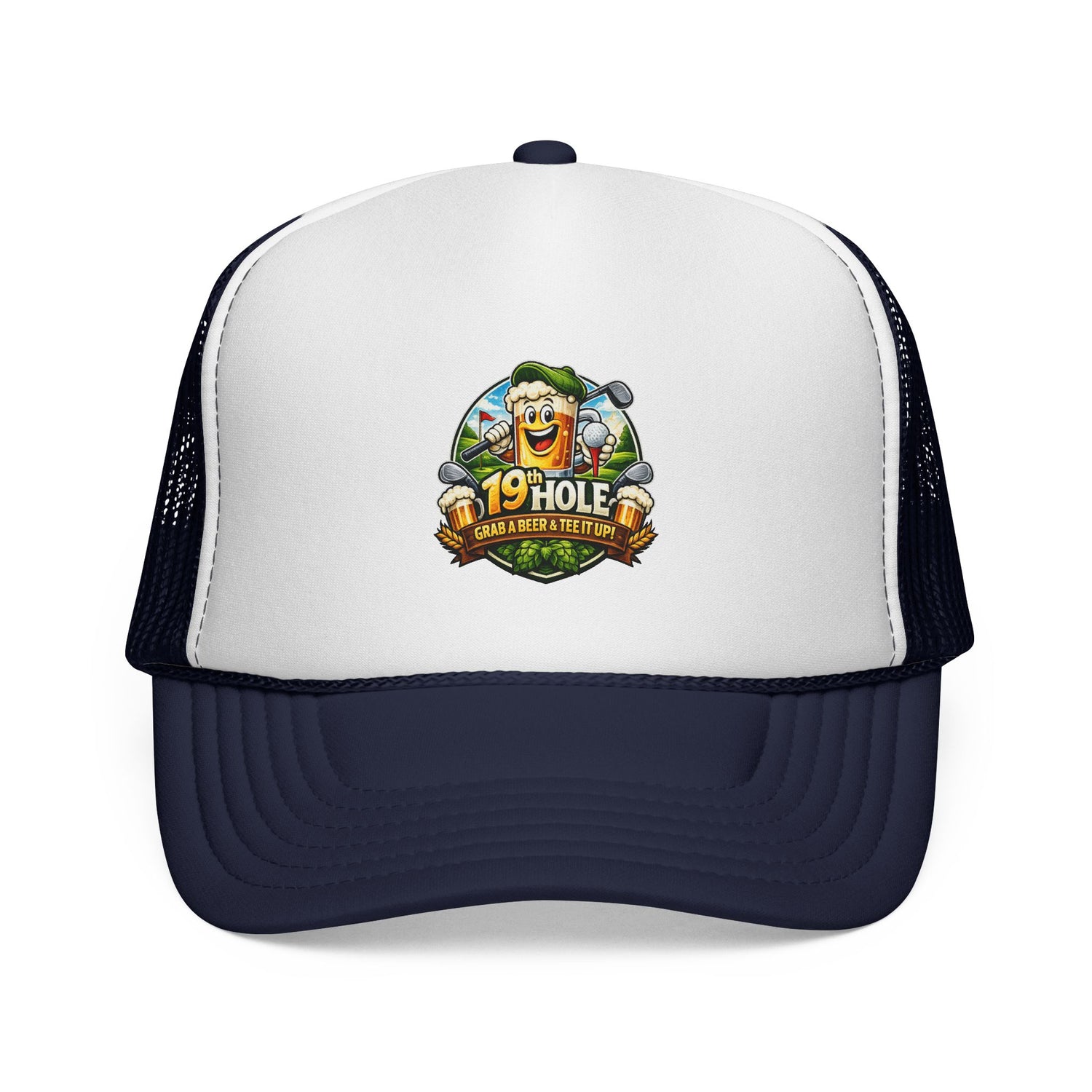 19 Hole Golf Trucker Cap — Funny Golfer Hat with Cartoon Mascot