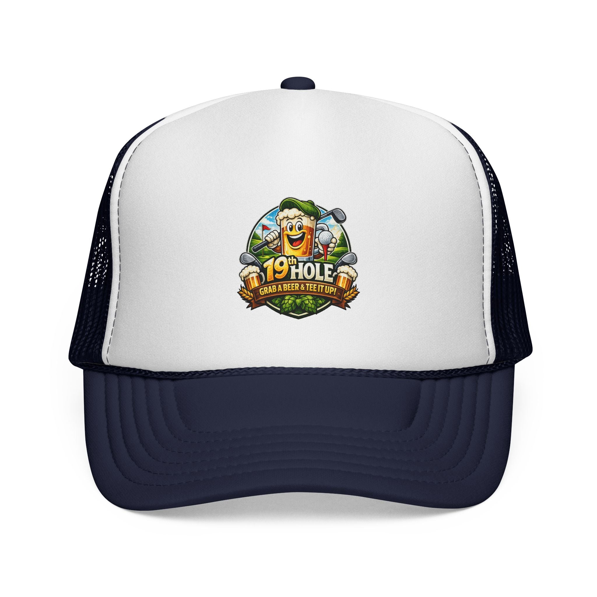 19 Hole Golf Trucker Cap — Funny Golfer Hat with Cartoon Mascot