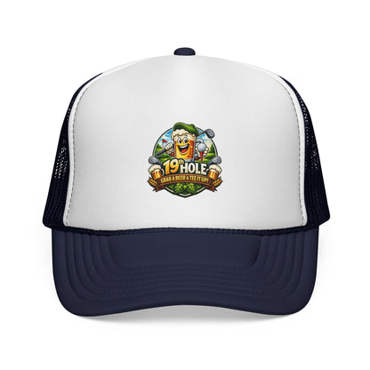 19 Hole Golf Trucker Cap — Funny Golfer Hat with Cartoon Mascot