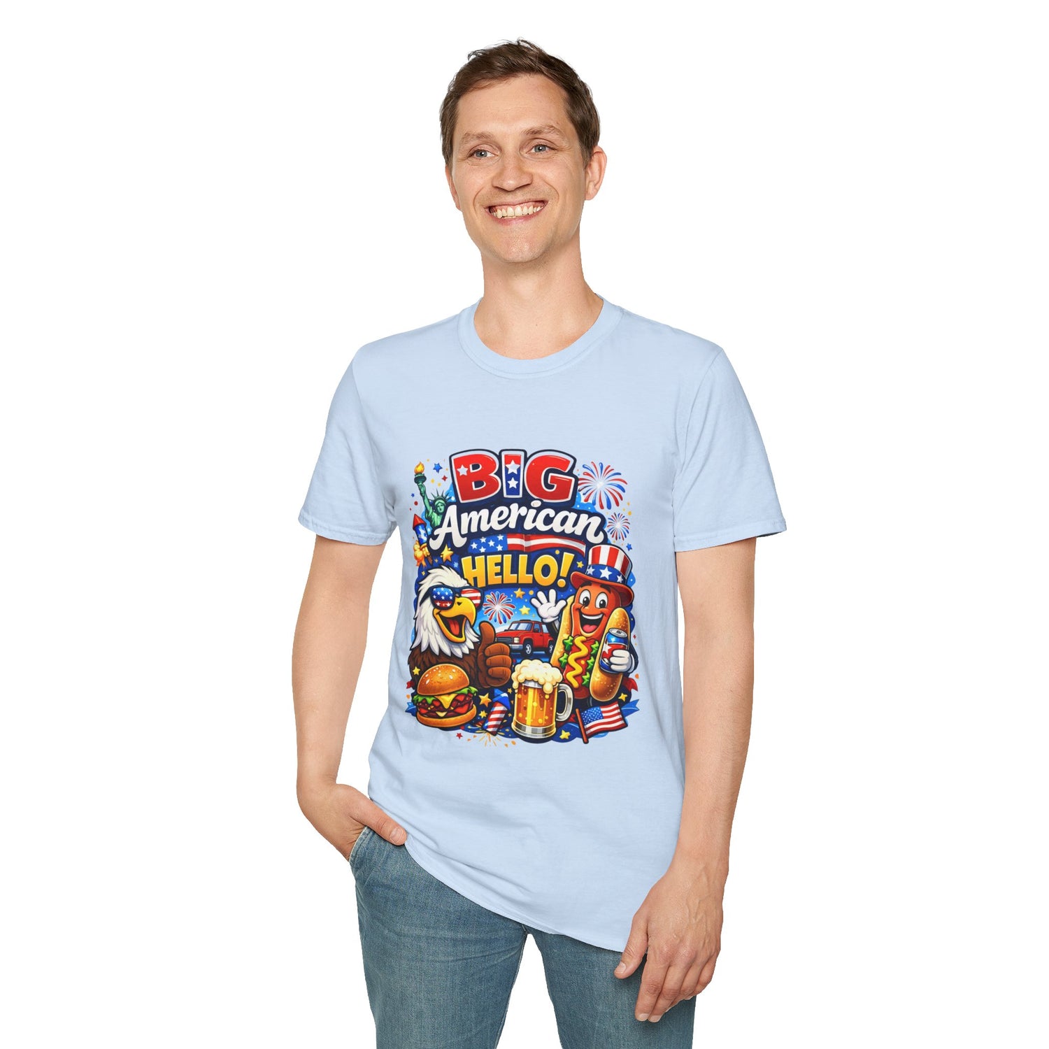 Big American Hello Funny T-Shirt Sarcastic Patriotic Graphic Tee Funny USA Gift 4th of July Novelty American Slogan Tee