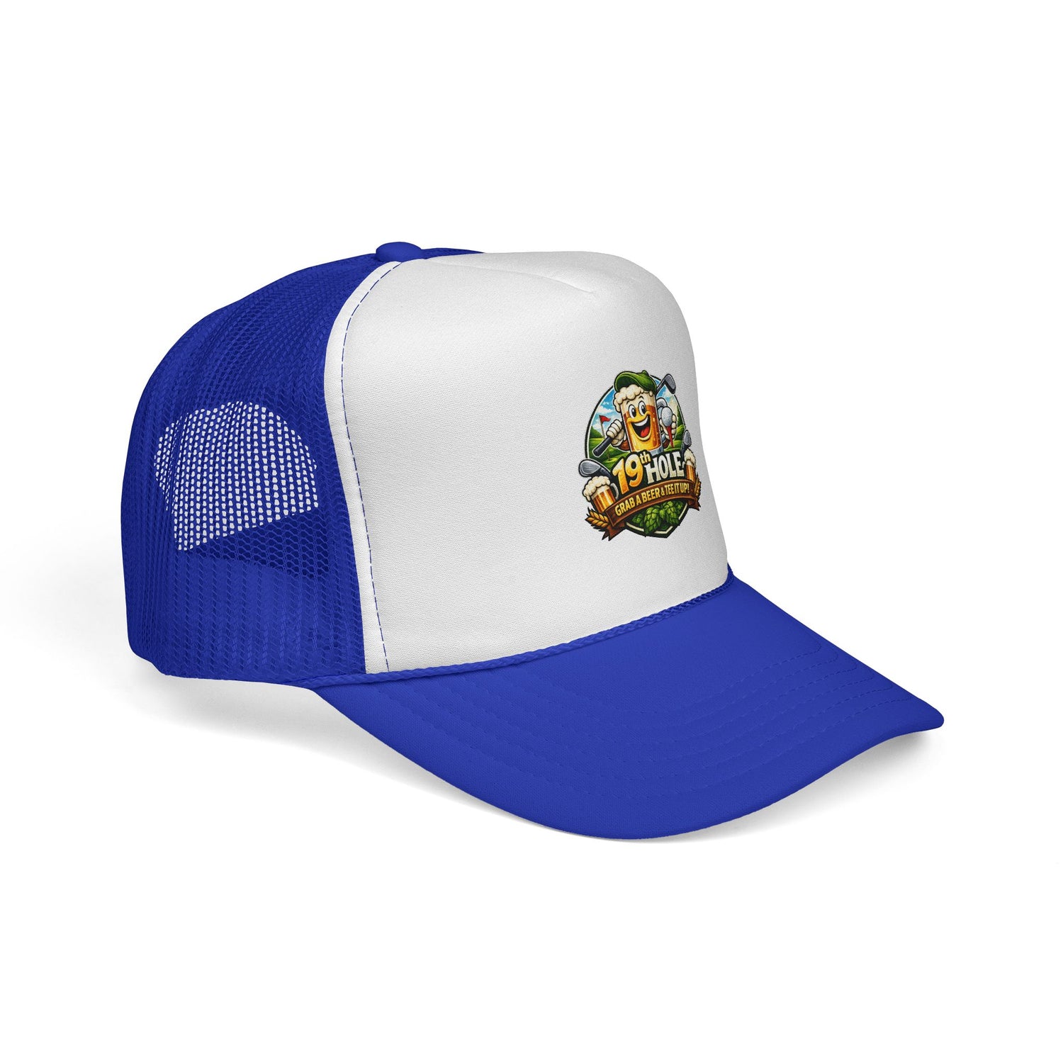 19 Hole Golf Trucker Cap — Funny Golfer Hat with Cartoon Mascot