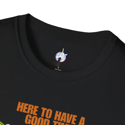 Beer Party T-Shirt — "Here to Have a Good Time" Cartoon Mug Graphic
