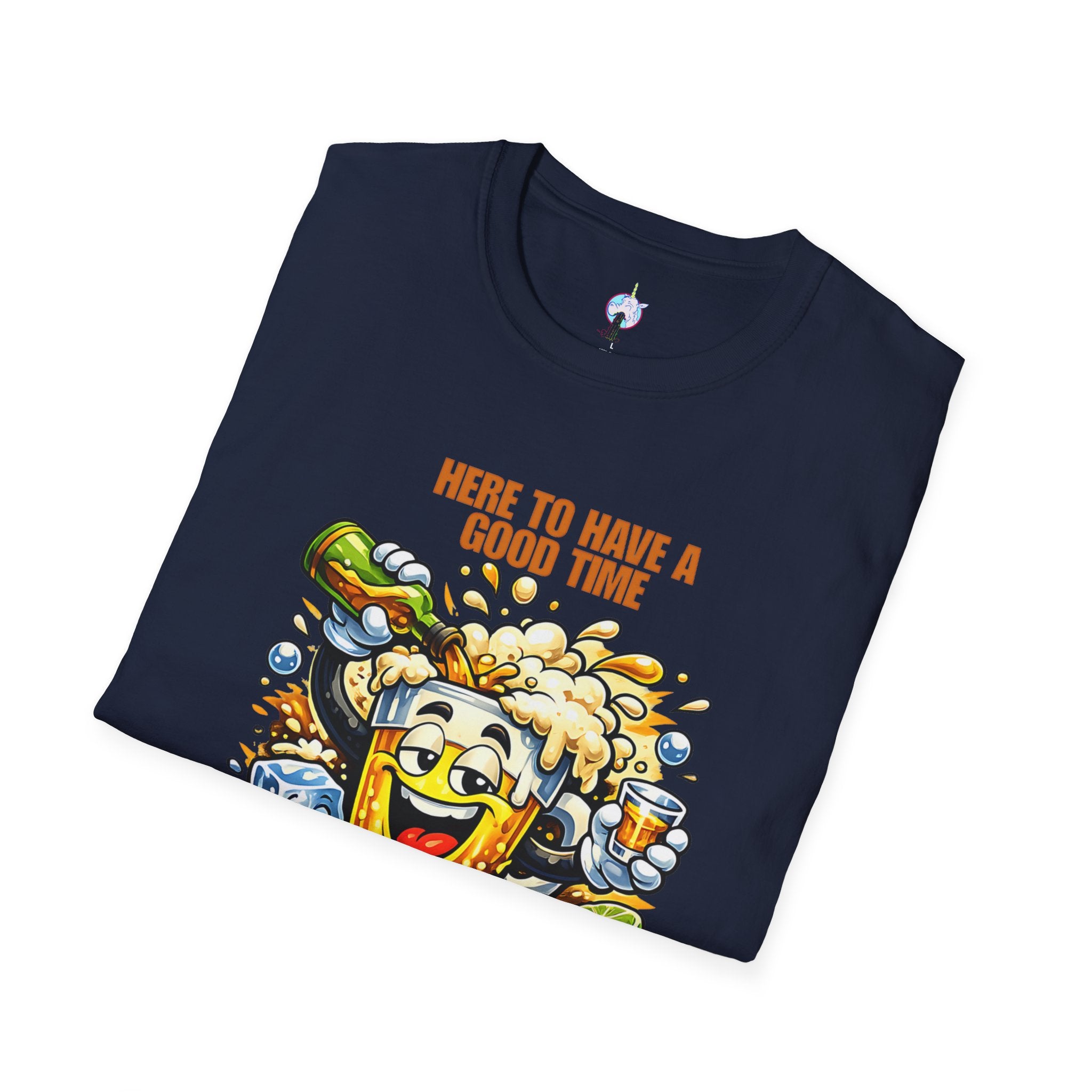 Beer Party T-Shirt — "Here to Have a Good Time" Cartoon Mug Graphic