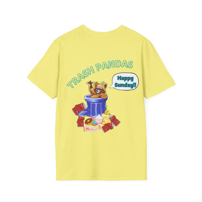 Trash Pandas T-Shirt – Cute Raccoon in Trash Can ‘Happy Sunday!’ Graphic Tee