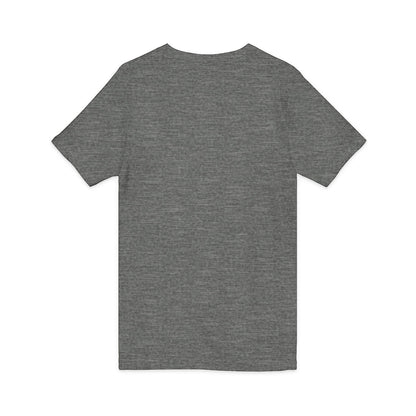 Crooked Unicorn Shirts grey heather V-neck soccer tee, back view of a lightweight cotton casual shirt.