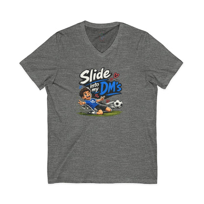 Crooked Unicorn Shirts grey heather V-neck soccer t-shirt with a playful striker graphic and Slide into my DMs text.