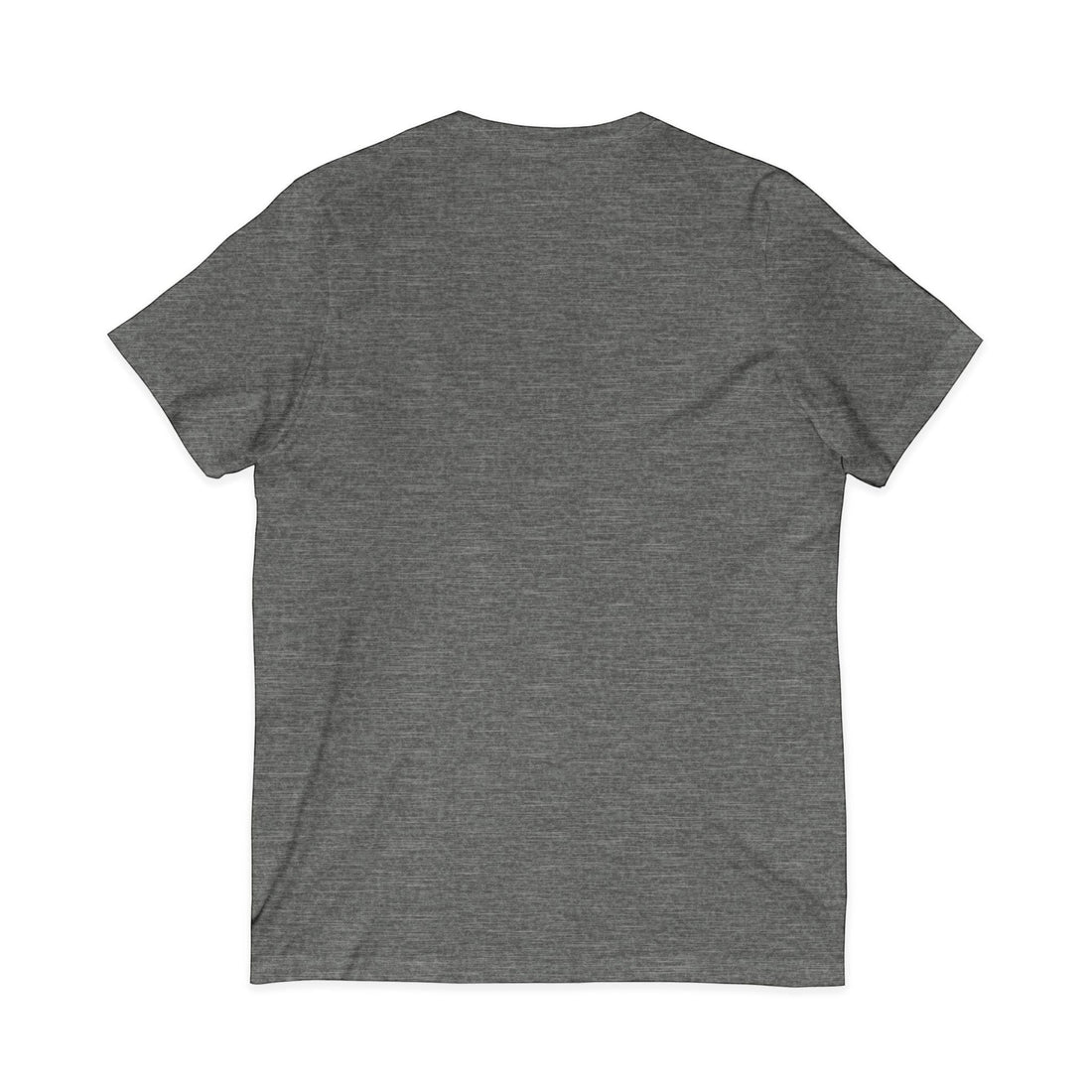 Back view of a dark grey heather V-neck tee from Crooked Unicorn Shirts, showing a plain, soft cotton fabric.
