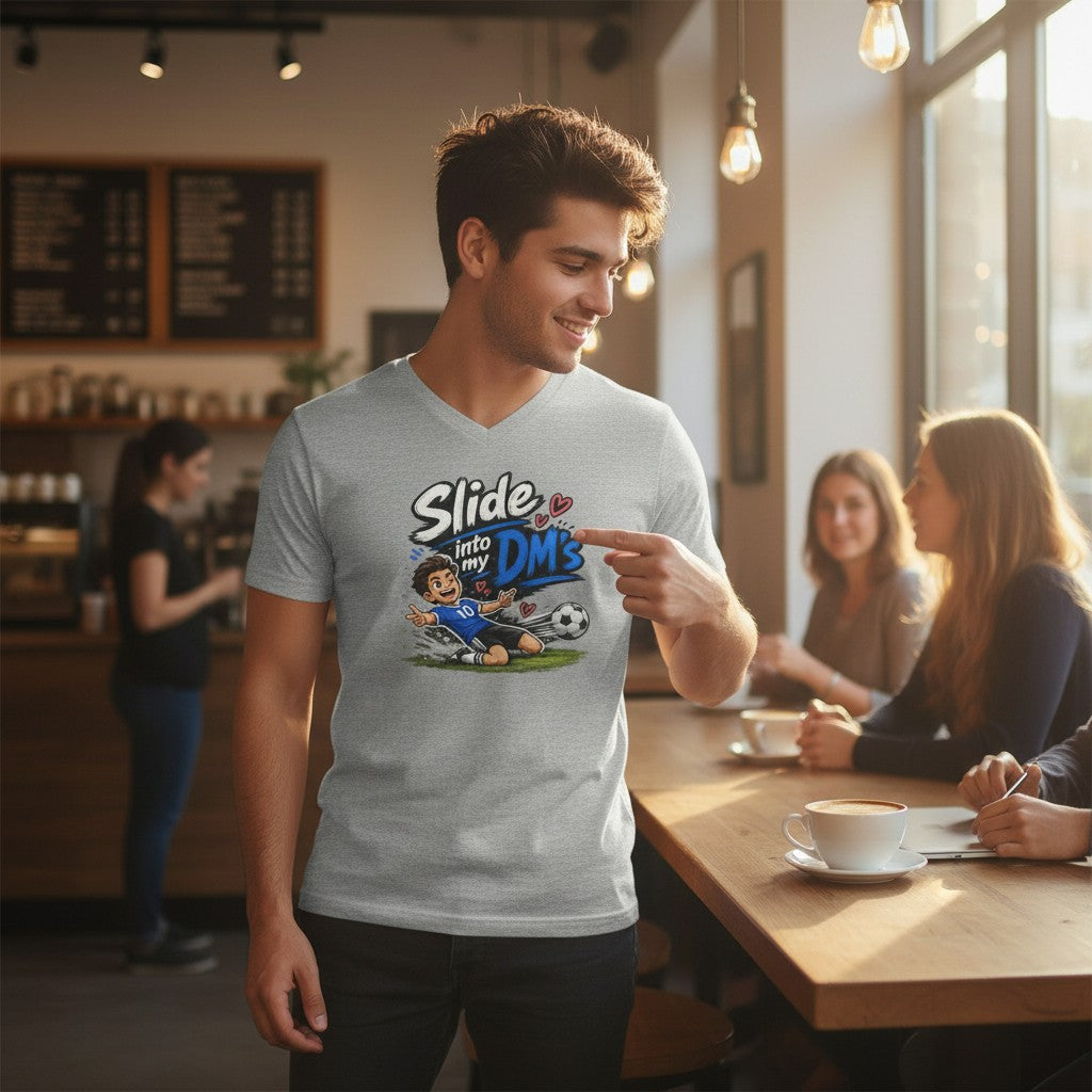 Man wearing a grey Crooked Unicorn Shirts V-neck tee with a playful soccer graphic in a coffee shop setting.