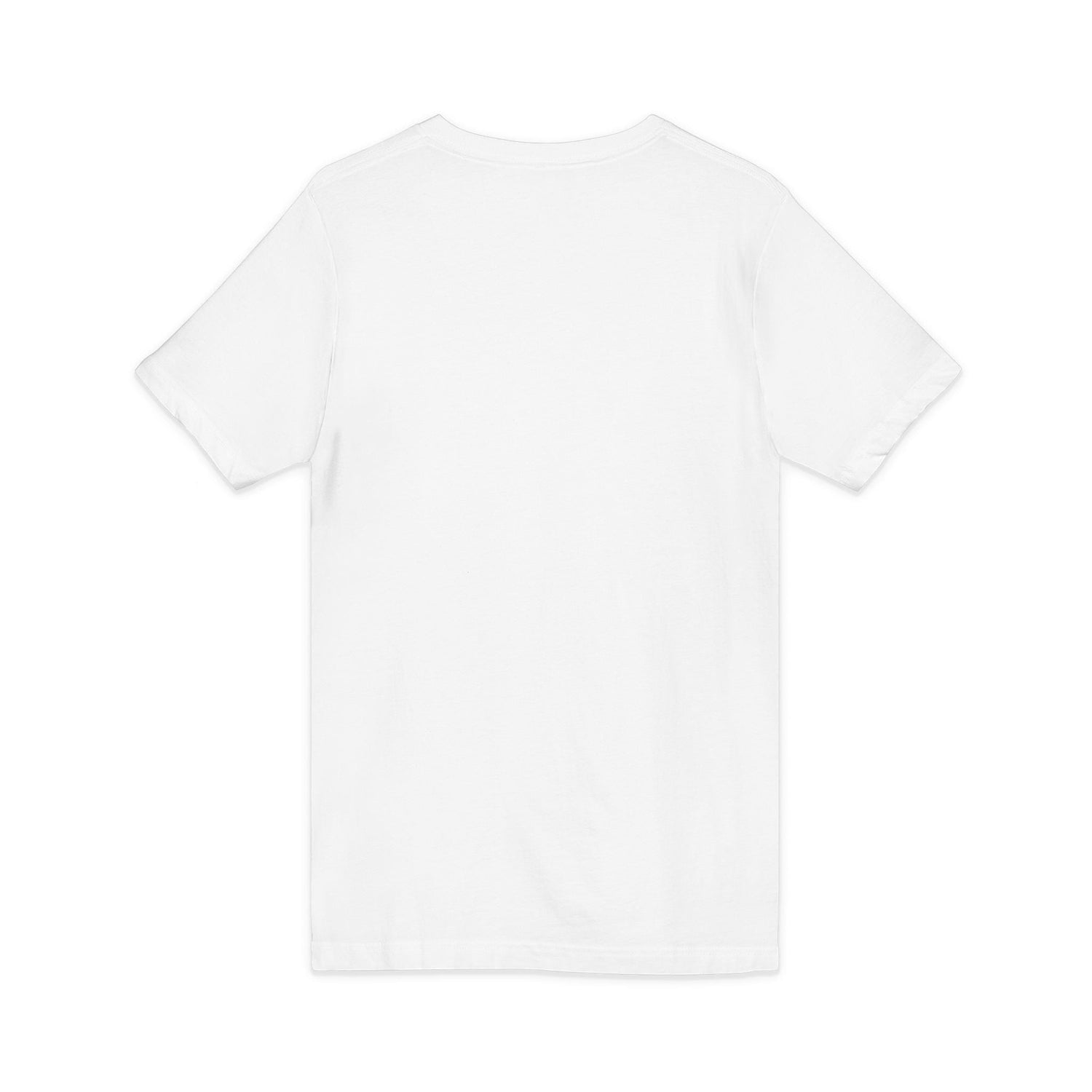 Crooked Unicorn Shirts plain white cotton V-neck t-shirt, back view, lightweight retail fit.